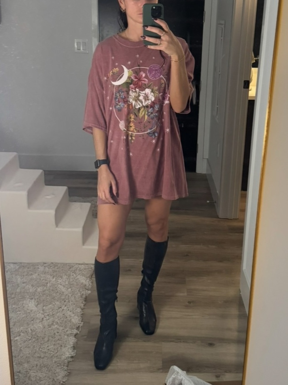 Oversized Floral Moon Graphic Tee - Dusty Rose